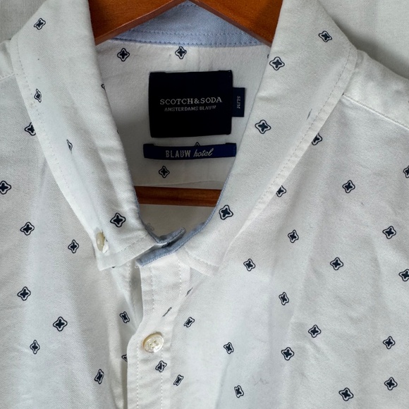 Scotch Soda Amsterdam Blauw White Cotton X Print Button Down Slim Fit Sz XL - Picture 4 of 11